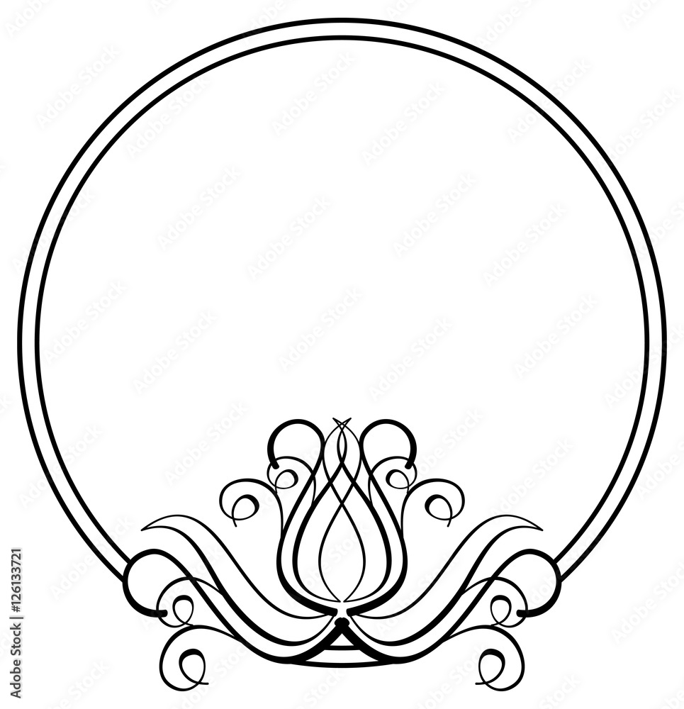 Black and white round frame with floral silhouettes. Copy space. Vector ...