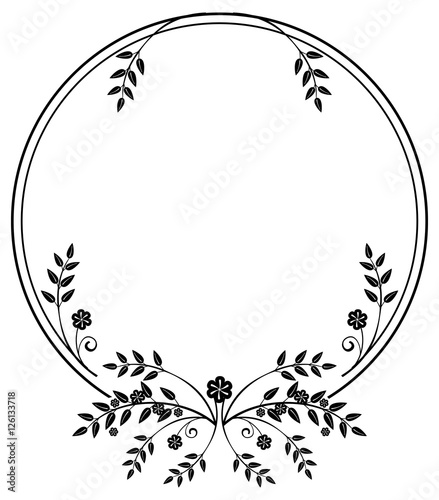 Black and white round frame with floral silhouettes. Copy space. Vector clip art
