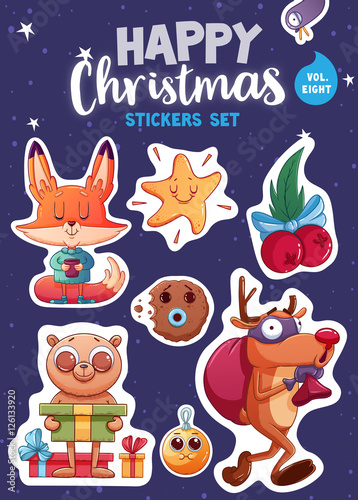Set of Merry Christmas and Happy New Year stickers or magnets. Festive souvenirs