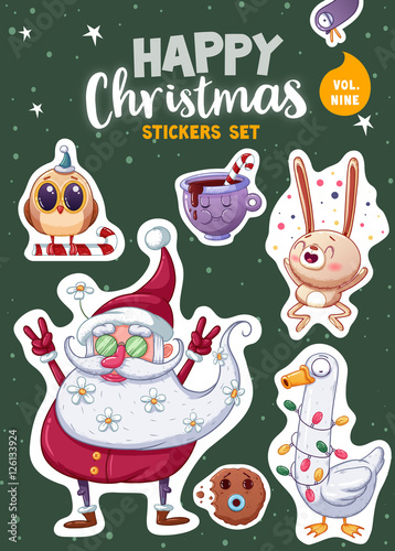 Set of Merry Christmas and Happy New Year stickers or magnets. Festive souvenirs