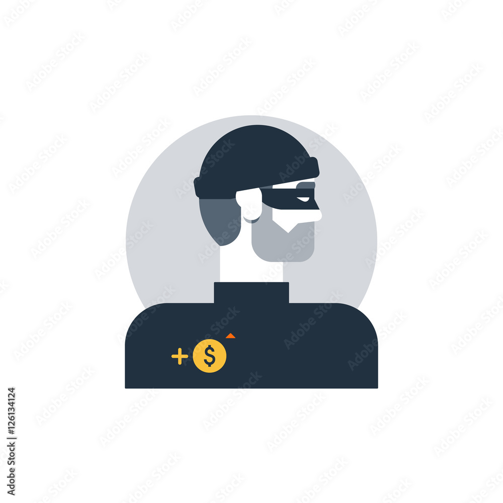 Naklejka premium Criminal man side view, thief turned head, outlaw person