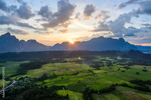 The famous view point in Vang Vieng  Pha Ngen  and green rice fi