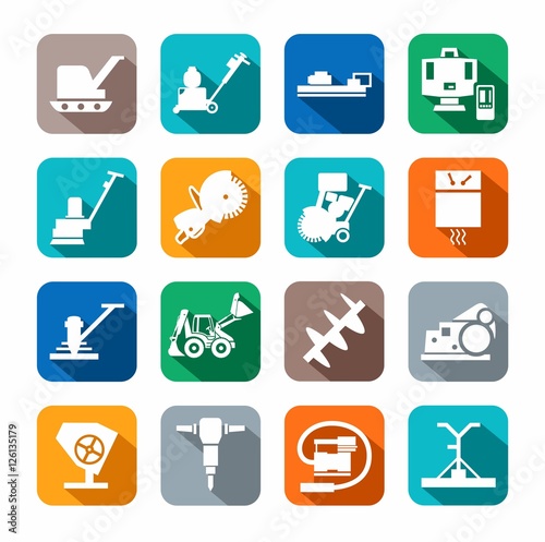 Equipment for working with concrete, construction equipment, icon color, flat. White, vector image of construction equipment and tools on a colored background with a shadow. 