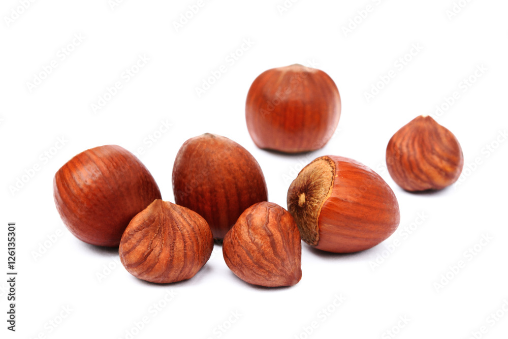Group healty hazelnuts isolated on white background Group healty hazelnuts isolated on white background