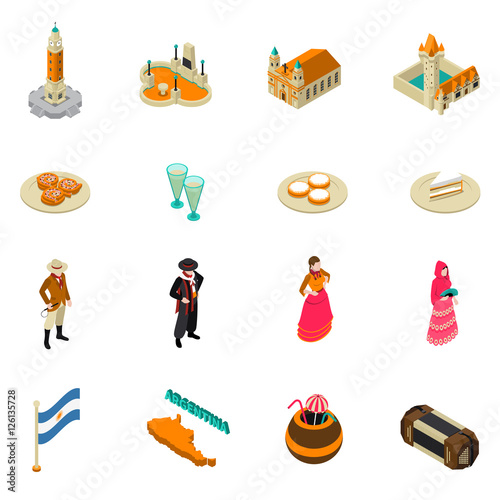 Argentine Touristic Isometric Symbols Icons Collection 