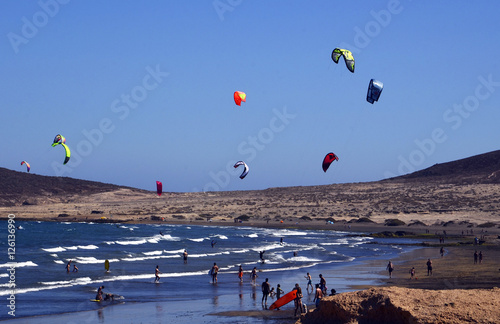 El Medano surfing and kitesurfing beach in south coast of Tenerife,Canary Islands,Spain.Travel or vacation concept.