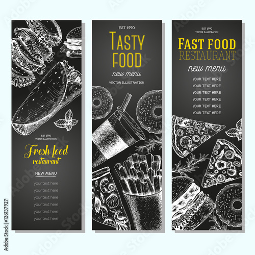 Fast food vertical banner set. Pizza, hamburger and french fries collection. Vector illustration, linear graphic drawn. Fast food menu design.