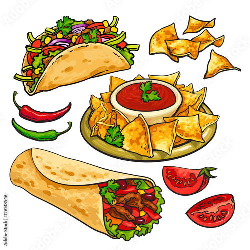 Set of traditional Mexican food - burrito, taco, nachos and chili salsa sauce, sketch style vector illustration on white background. Hand drawn Mexican burrito, taco, nachos and salsa sauce