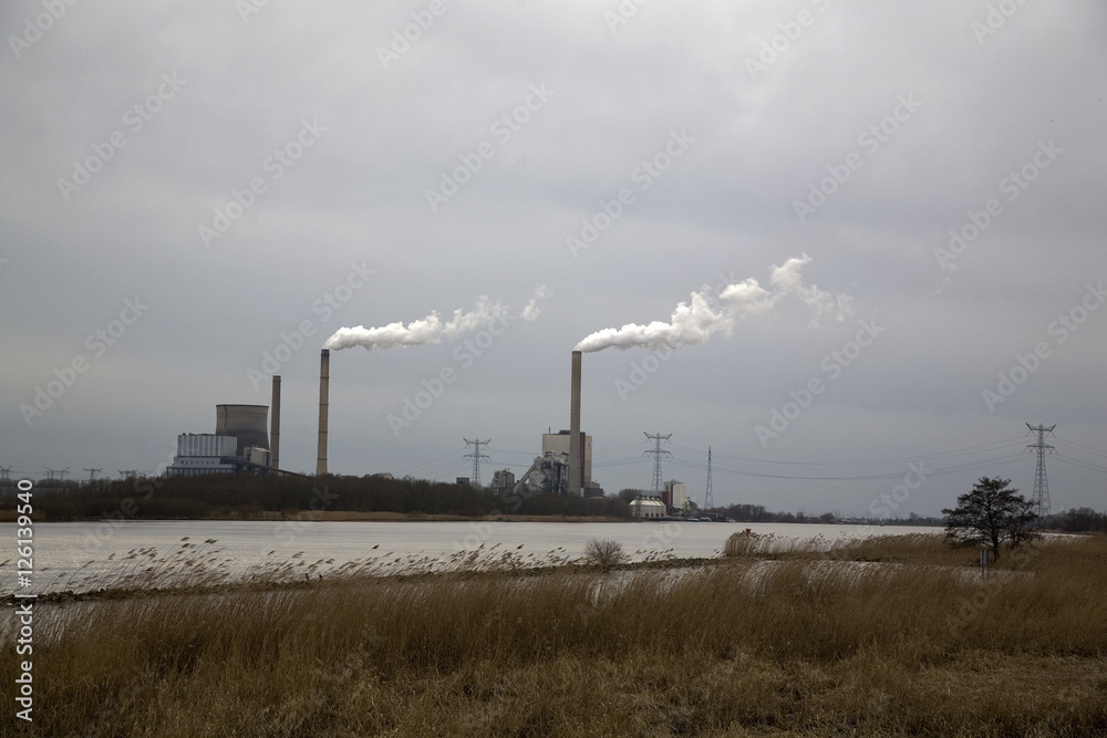Fototapeta premium Amer power plant seen from the Biesbosch National Park, Netherla