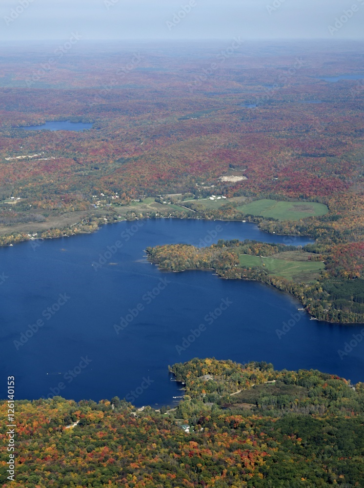 aerial view of a Muskoka Autumn color landscape, near Huntsville, Ontario Canada