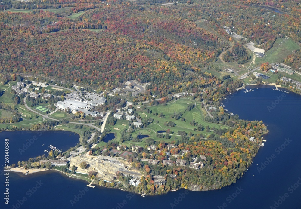 aerial view of Autumn color landscape, near Deerhurst  golf course, Ontario Canada