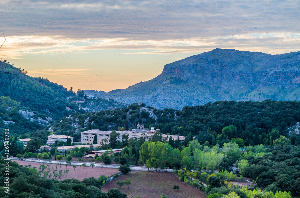 Santuari de Lluc at sunset, Majorca, Balearic Islands, Spain Santuari de Lluc at sunset, Majorca, Balearic Islands, Spain