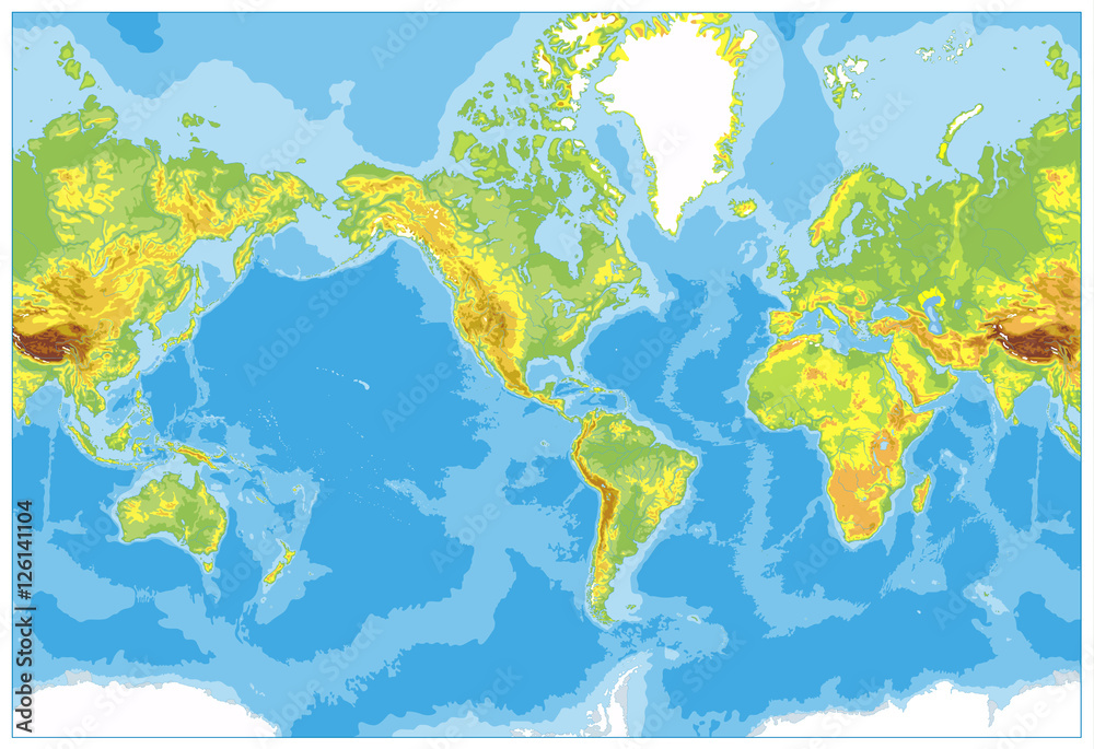 Naklejka Ameryka Centrowana mapa świata fizycznego. Bez tekstu i granic