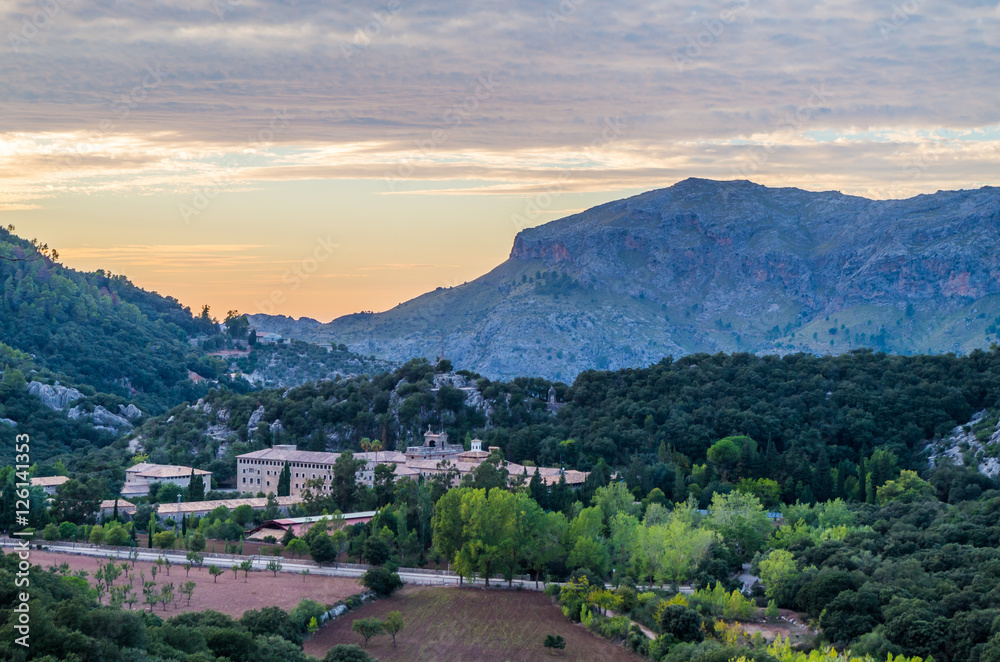 Fototapeta premium Santuari de Lluc at sunset, Majorca, Balearic Islands, Spain