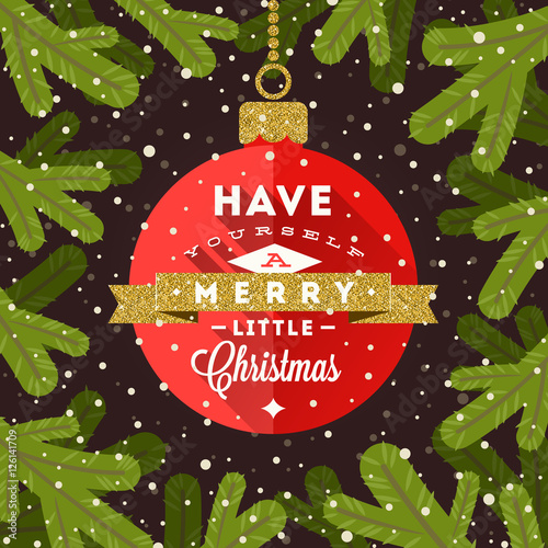 Red bauble with Christmas greeting on a fir branches background. Vector illustration.