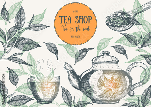 Tea Shop vector illustration. Vector card design with tea. Tea house poster. Vector hand drawn set. Linear graphic