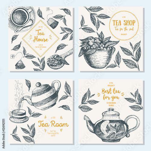 Banner set for tea shop. Teahouse square banner collection. Linear graphic