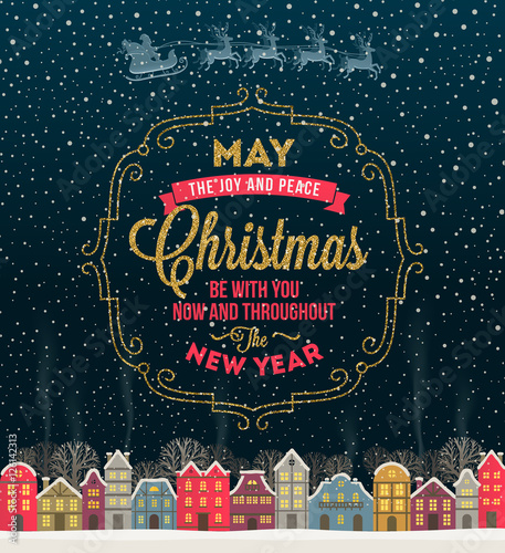 Christmas greeting card - Type design with glitter gold frame and snowbound winter town