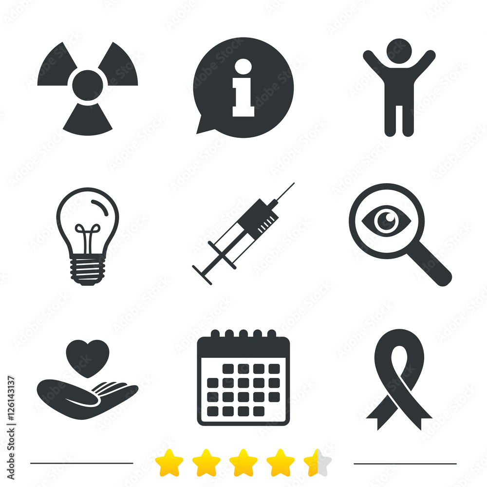 Medicine icons. Syringe, life insurance, radiation and ribbon signs. Breast cancer awareness symbol. Hand holds heart. Information, light bulb and calendar icons. Investigate magnifier. Vector