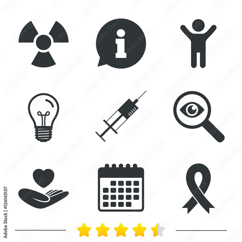 Medicine icons. Syringe, life insurance, radiation and ribbon signs. Breast cancer awareness symbol. Hand holds heart. Information, light bulb and calendar icons. Investigate magnifier. Vector Medicine icons. Syringe, life insurance, radiation and ribbon signs. Breast cancer awareness symbol. Hand holds heart. Information, light bulb and calendar icons. Investigate magnifier. Vector
