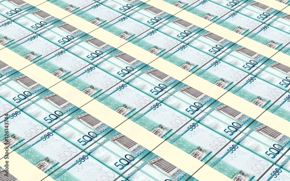 Dominican peso bills stacked background. 3D illustration.