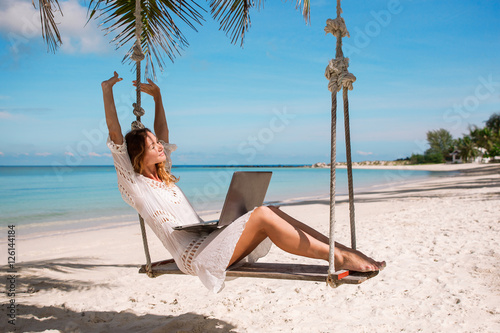 Beautiful Business Woman Working Online On Laptop Computer