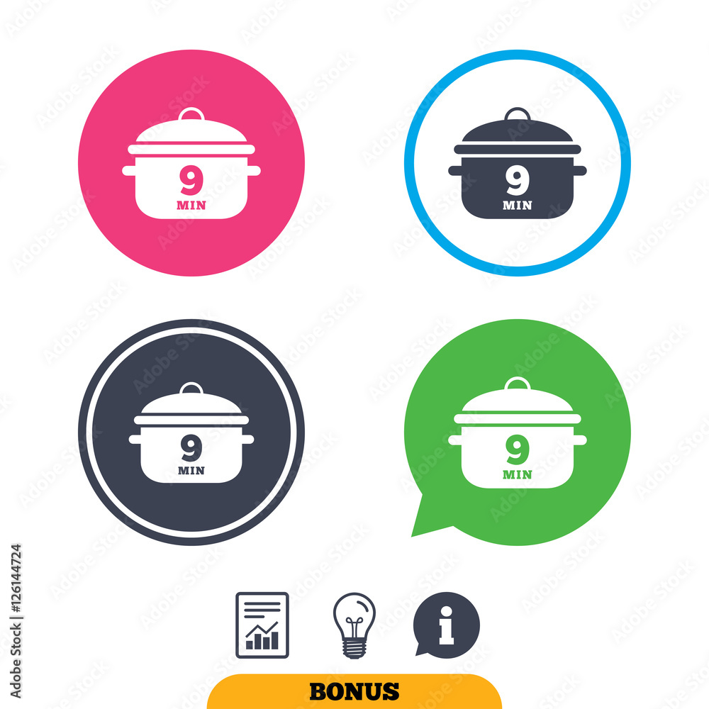 Boil 9 minutes. Cooking pan sign icon. Stew food symbol. Report document, information sign and light bulb icons. Vector Boil 9 minutes. Cooking pan sign icon. Stew food symbol. Report document, information sign and light bulb icons. Vector