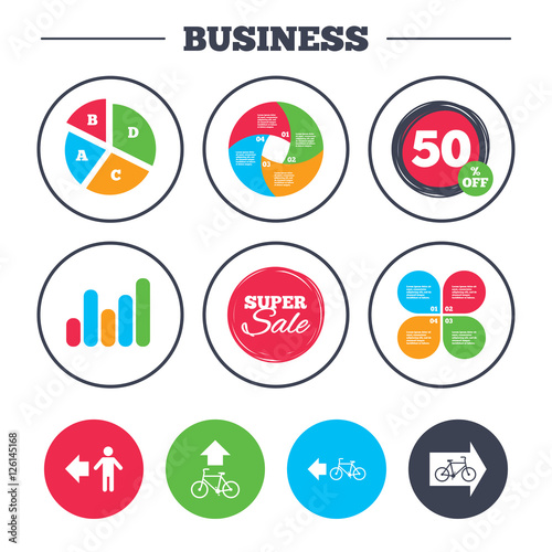 Business pie chart. Growth graph. Pedestrian road icon. Bicycle path trail sign. Cycle path. Arrow symbol. Super sale and discount buttons. Vector