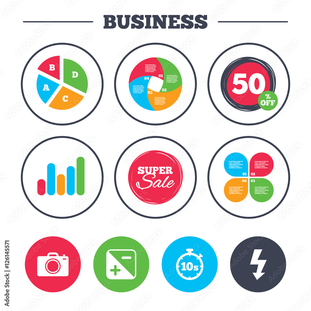 Business pie chart. Growth graph. Photo camera icon. Flash light and exposure symbols. Stopwatch timer 10 seconds sign. Super sale and discount buttons. Vector Business pie chart. Growth graph. Photo camera icon. Flash light and exposure symbols. Stopwatch timer 10 seconds sign. Super sale and discount buttons. Vector