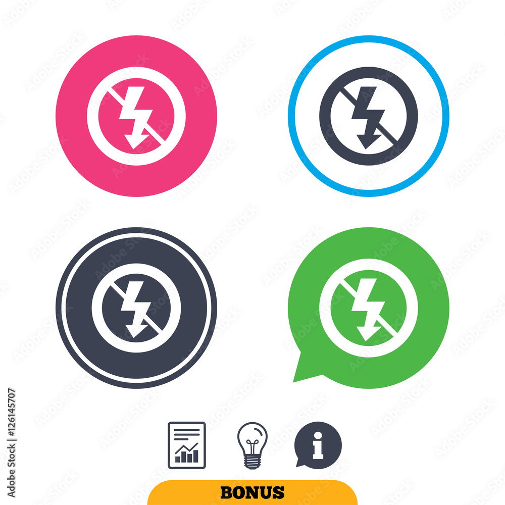 No Photo flash sign icon. Lightning symbol. Report document, information sign and light bulb icons. Vector No Photo flash sign icon. Lightning symbol. Report document, information sign and light bulb icons. Vector