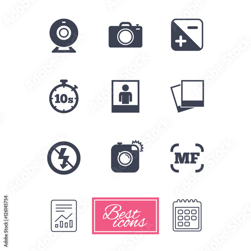 Photo, video icons. Web camera, photos and frame signs. No flash, timer and portrait symbols. Report document, calendar icons. Vector