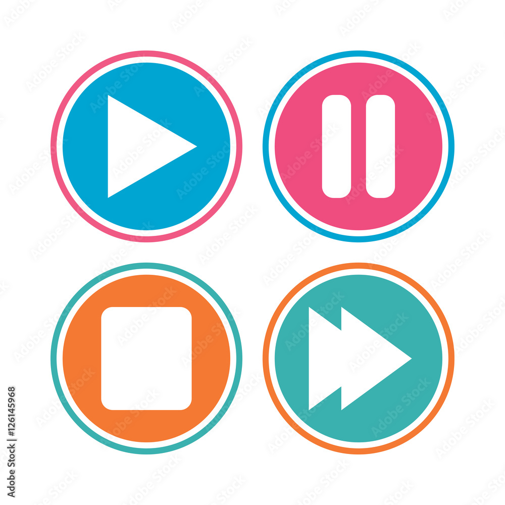 Player navigation icons. Play, stop and pause signs. Next song symbol. Colored circle buttons. Vector Player navigation icons. Play, stop and pause signs. Next song symbol. Colored circle buttons. Vector