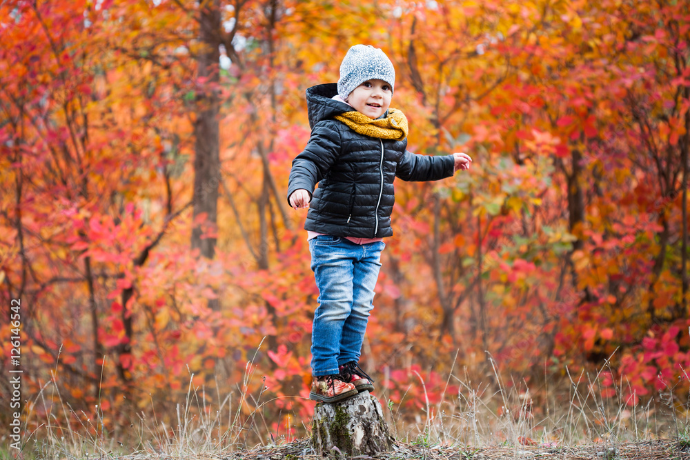 Happy little girl standing on stump on colorful forest background Happy little girl standing on stump on colorful forest background