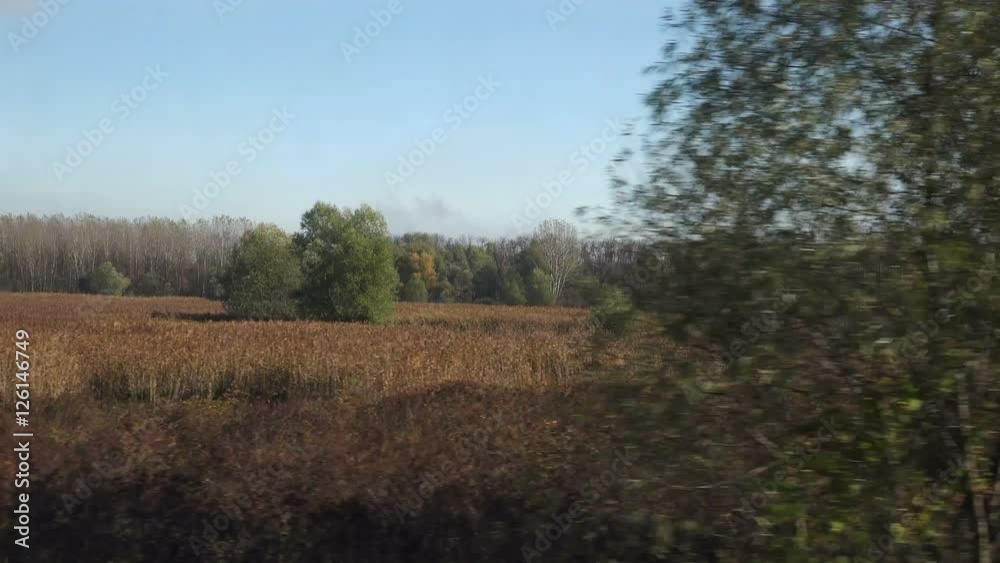 Traveling by train through plain countryside, side view of non-urban environment from the window of speeding railroad vehicle Traveling by train through plain countryside, side view of non-urban environment from the window of speeding railroad vehicle