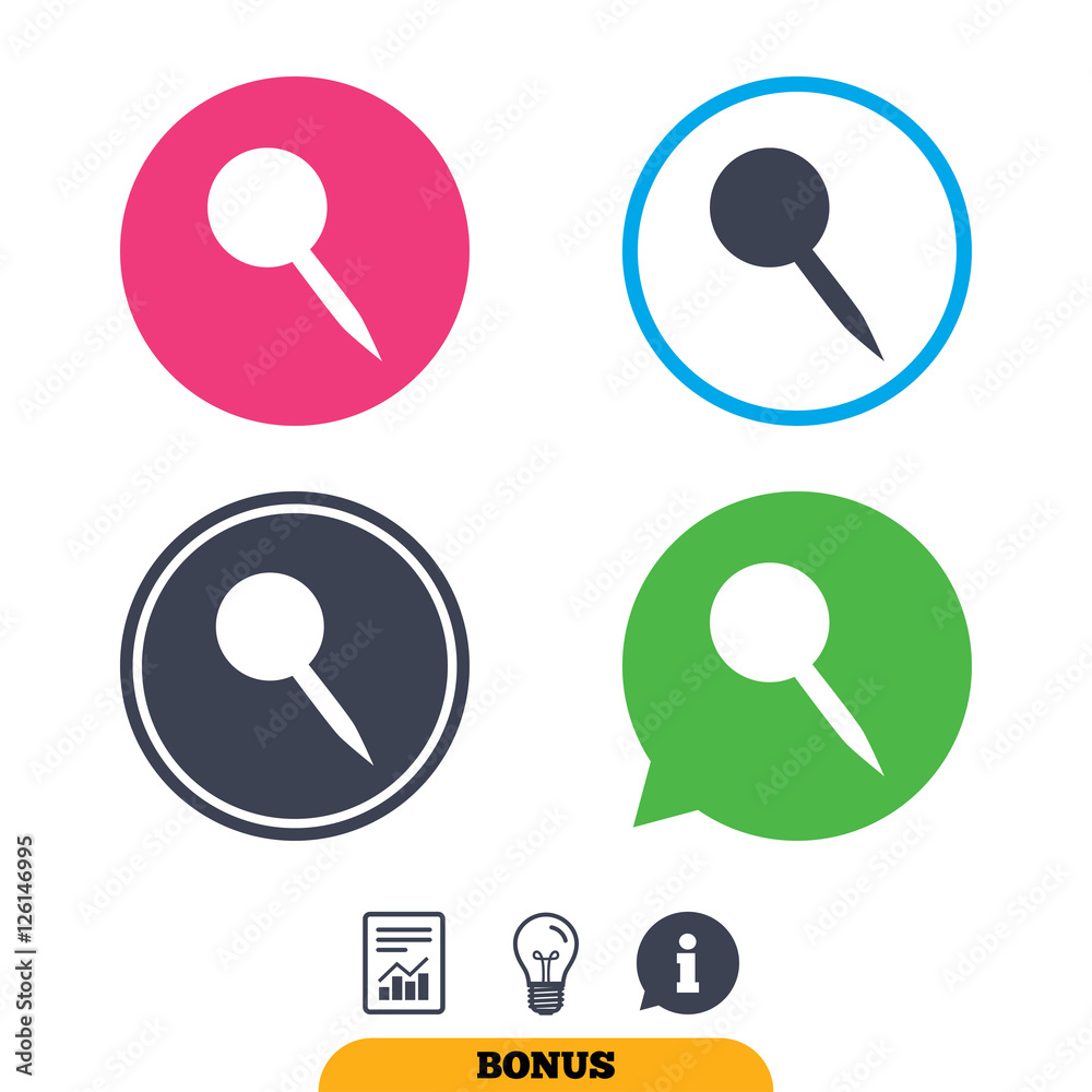 Pushpin sign icon. Pin button. Report document, information sign and light bulb icons. Vector Pushpin sign icon. Pin button. Report document, information sign and light bulb icons. Vector
