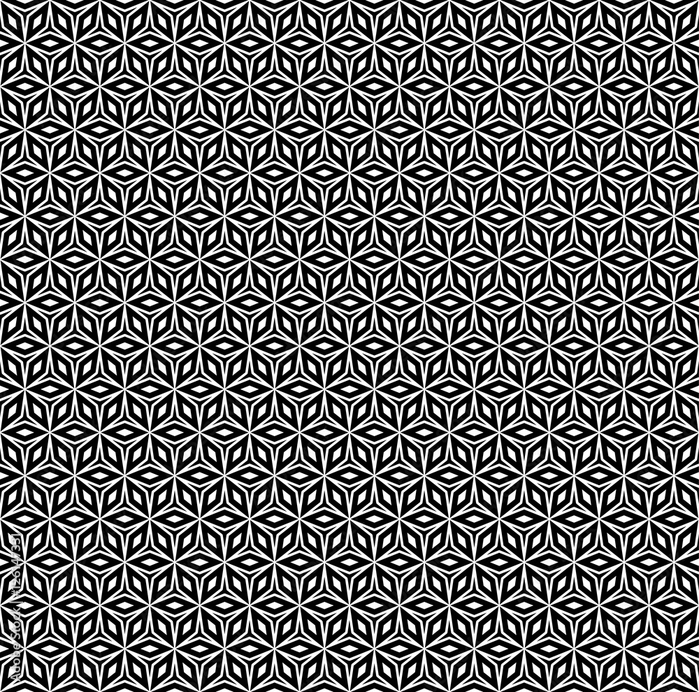 Vector seamless pattern, repeat monochrome geometric texture, oriental style, black & white ornament. Abstract mosaic background. Design element for prints, decoration, textile, wrapping, digital, web