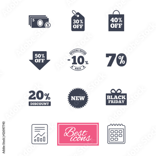 Sale discounts icon. Shopping  black friday and cash money signs. 10  20  50 and 70 percent off. Special offer symbols. Report document  calendar icons. Vector