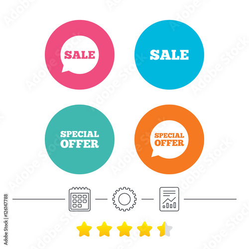 Sale icons. Special offer speech bubbles symbols. Shopping signs. Calendar, cogwheel and report linear icons. Star vote ranking. Vector