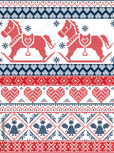 Seamless Scandinavian Printed Textile style and inspired by Norwegian Christmas and festive winter seamless pattern in cross stitch with snowflakes, rocking horse, angel hearts, ornaments

