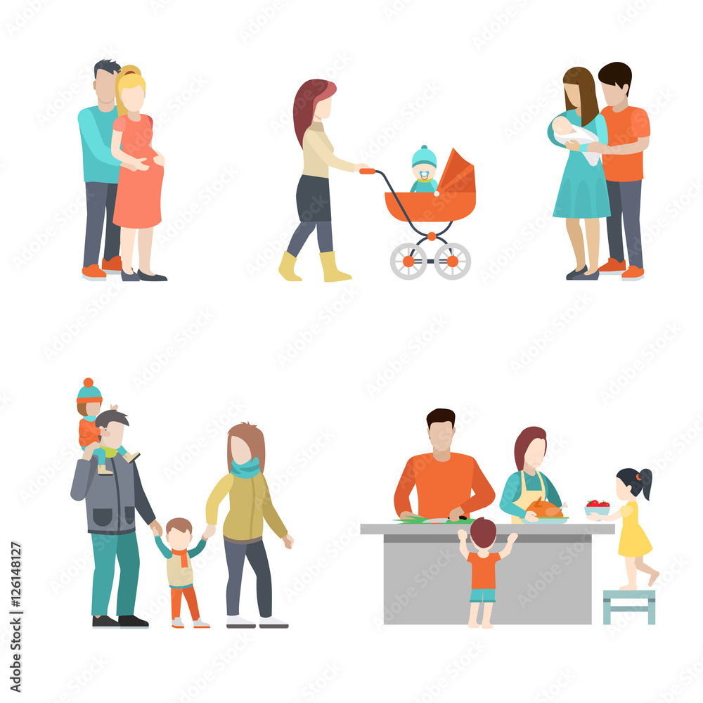 Flat Family cook baby pregnant woman parenting vector