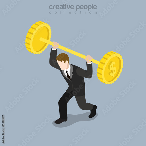 Flat isometric businessman barbell coin vector 3d Business load