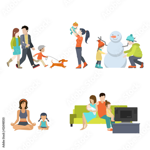 Flat Family snowman gym exercises dog TV vector parenting