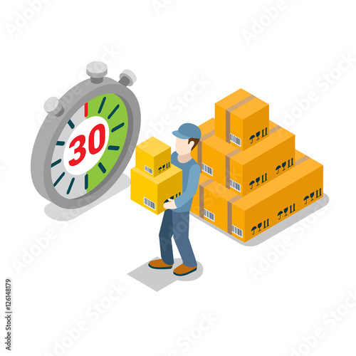 Flat 3d moving delivery isometric man service car vector set