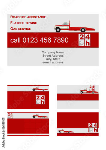 Business card flat vector template. Roadside assistance and towing in silver and red colours. 