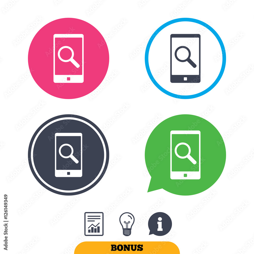 Search in Smartphone sign icon. Find in phone symbol. Report document, information sign and light bulb icons. Vector Search in Smartphone sign icon. Find in phone symbol. Report document, information sign and light bulb icons. Vector
