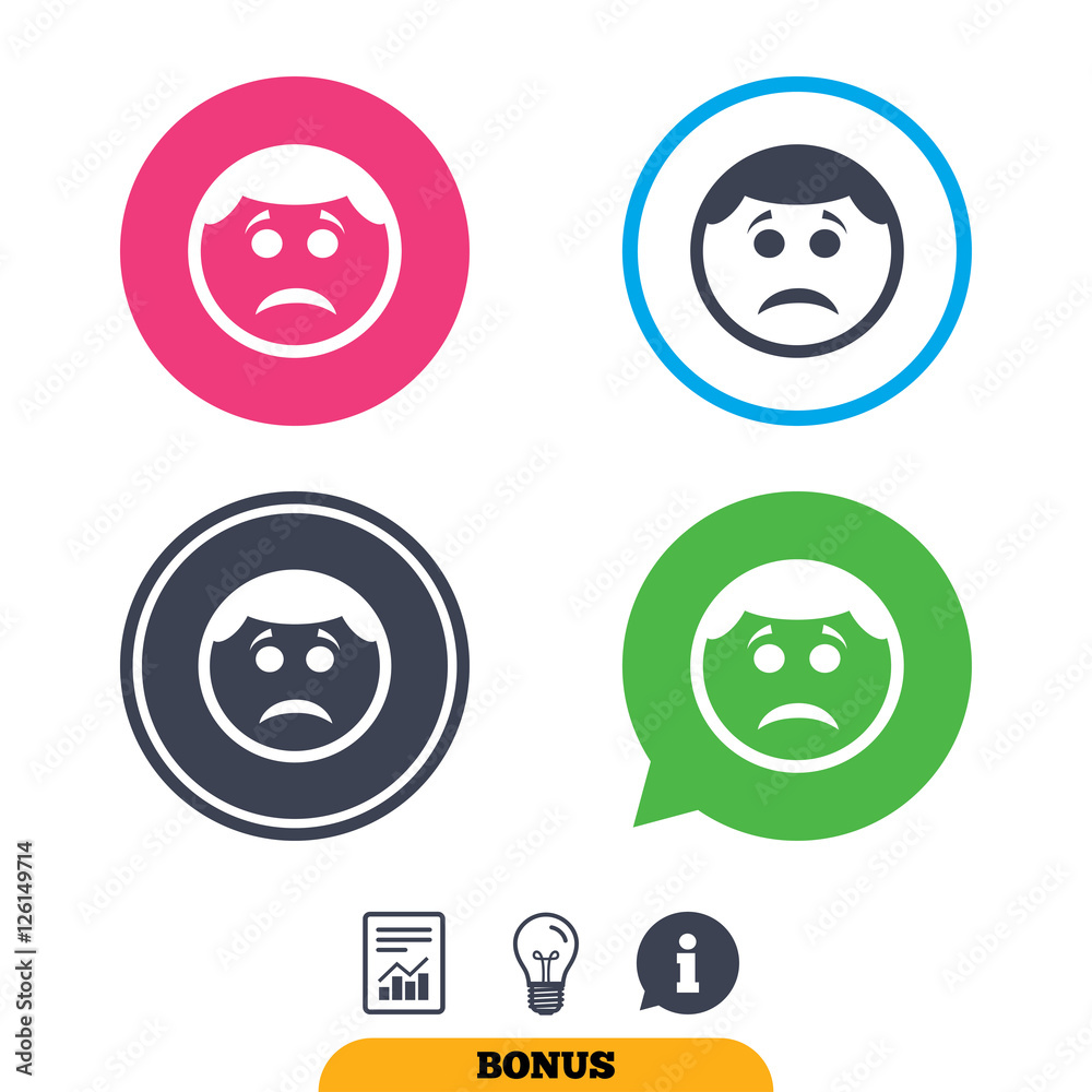 Sad face sign icon. Sadness depression chat symbol. Report document, information sign and light bulb icons. Vector Sad face sign icon. Sadness depression chat symbol. Report document, information sign and light bulb icons. Vector