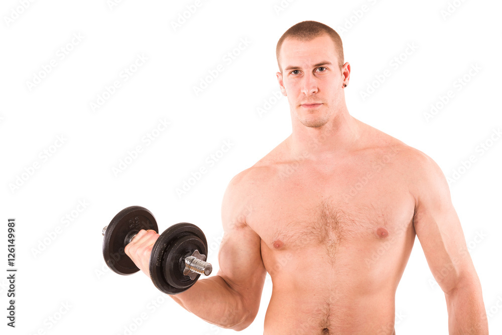 Fitness man lifting weights on white background Fitness man lifting weights on white background