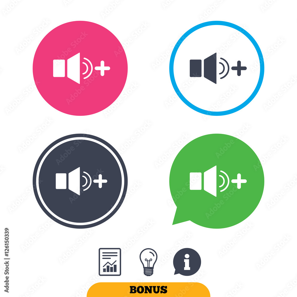 Speaker volume louder sign icon. Sound symbol. Report document, information sign and light bulb icons. Vector Speaker volume louder sign icon. Sound symbol. Report document, information sign and light bulb icons. Vector