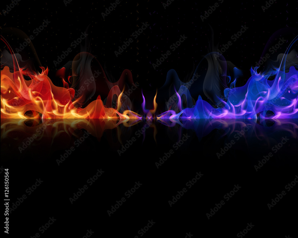 red and blue flames on a black background