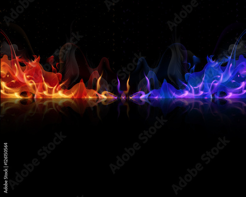 red and blue flames on a black background